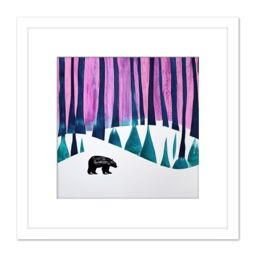 Artery8 Black Bear In A Colourful Arctic Winter Forest Lonely Square Wooden Framed Wall Art Print Picture 8X8 Inch in White - thumbnail 1