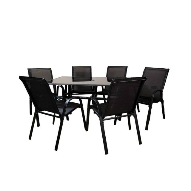 Samuel Alexander Outdoor 6 Person Rectangular Glass Top Garden Dining Table Chairs Set in Black - image 1
