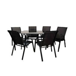 Samuel Alexander Outdoor 6 Person Rectangular Glass Top Garden Dining Table Chairs Set in Black