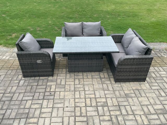 Fimous Wicker PE Rattan Furniture Garden Dining Set Outdoor Height Adjustable Rising lifting Table With Reclining Chair in Dark Grey - image 1