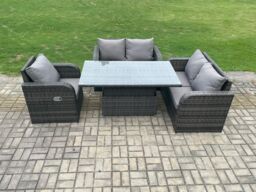 Fimous Wicker PE Rattan Furniture Garden Dining Set Outdoor Height Adjustable Rising lifting Table With Reclining Chair in Dark Grey - thumbnail 2