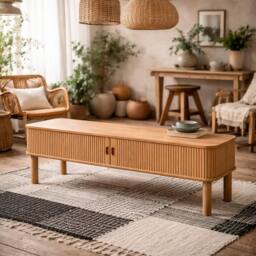 Wyld Haus Copenhagen Natural Oak TV Unit with 2 Tambour Doors L140 x D40 x H45cm - thumbnail 1