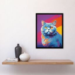 "Artery8 Wall Art Print British Shorthair Cat Lover Gift Pet Portrait Purple Orange Blue Artwork Painting Art Framed - Size: W12"" x H16""" - thumbnail 4