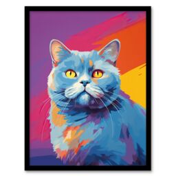 "Artery8 Wall Art Print British Shorthair Cat Lover Gift Pet Portrait Purple Orange Blue Artwork Painting Art Framed - Size: W12"" x H16""" - thumbnail 1