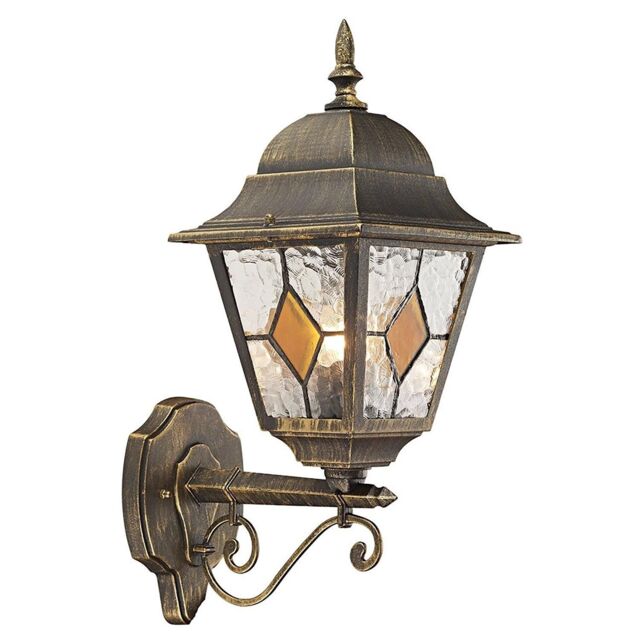 Happy Homewares Traditional Cast Aluminium Outdoor Lantern Wall Light With Cathedral Glass in Metallic Gold