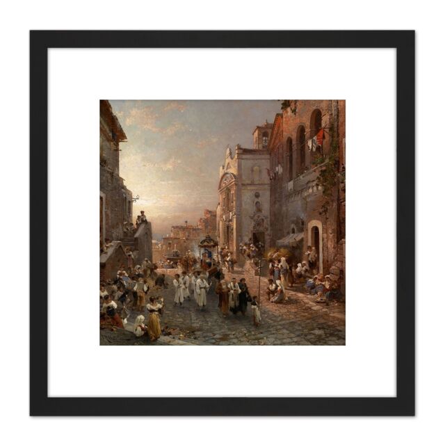 Artery8 Unterberger Procession In Naples Painting 8X8 Inch Square Wooden Framed Wall Art Print Picture with Mount in Black - image 1