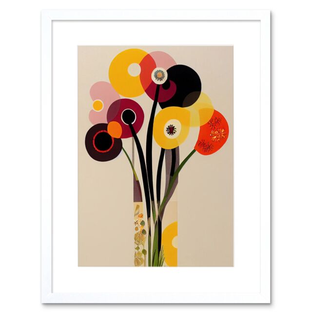"Artery8 Wall Art Print Abstract Retro Spring Summer Flowers Floral Yellow Burgundy Orange Bouquet Vase Artwork Framed 9X7 Inch - Size: W7"" x H9""" - image 1