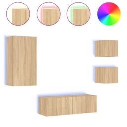 Berkfield Home 4 Piece TV Wall Cabinets with LED Lights Sonoma Oak in Brown - thumbnail 2