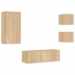 Berkfield Home 4 Piece TV Wall Cabinets with LED Lights Sonoma Oak in Brown - thumbnail 3