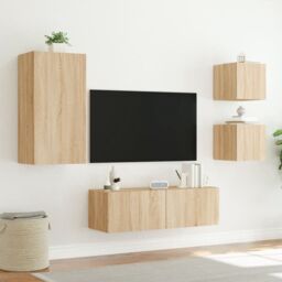 Berkfield Home 4 Piece TV Wall Cabinets with LED Lights Sonoma Oak in Brown - thumbnail 5