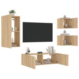 Berkfield Home 4 Piece TV Wall Cabinets with LED Lights Sonoma Oak in Brown - thumbnail 4