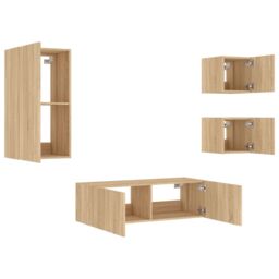 Berkfield Home 4 Piece TV Wall Cabinets with LED Lights Sonoma Oak in Brown - thumbnail 6