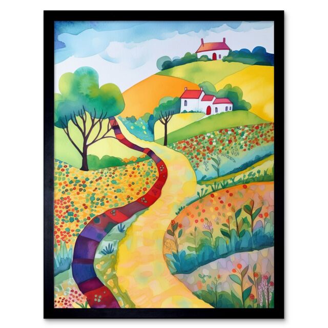 "Artery8 Wall Art Print Countryside Path In Spring Folk Art Landscape Watercolour Painting Art Framed in Black - Size: W12"" x H16""" - image 1