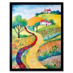 "Artery8 Wall Art Print Countryside Path In Spring Folk Art Landscape Watercolour Painting Art Framed in Black - Size: W12"" x H16""" - thumbnail 1