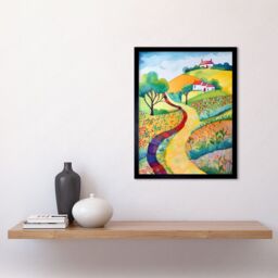 "Artery8 Wall Art Print Countryside Path In Spring Folk Art Landscape Watercolour Painting Art Framed in Black - Size: W12"" x H16""" - thumbnail 2