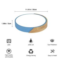 Pheashine Round Wood LED Ceiling Light, 24W 6500K Modern Macaron Style 32cm Lamp in Blue - thumbnail 2