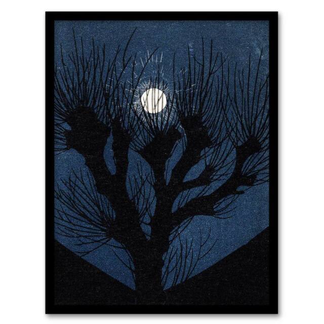 Artery8 Full Moon Light Tree Silhouette Framed Wall Art Print Julie de Graag in Blue - Size: A4 - image 1