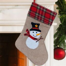 Shatchi Large Xmas Stocking Printed Pattern Burlap Hessian Linen Sack Sock Hanging Bags Home Decorations-Reindeer/Snowman/Robin/Ch in Brown