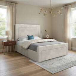 Casani Kemsing Upholstered Beige Soft Velvet Designer Bed Frame in Cream - Size: Double - thumbnail 1
