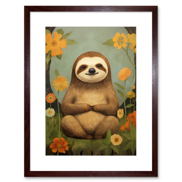 "Artery8 Wall Art Print Smiling Sloth Meditating in Forest Flowers Kids Bedroom Artwork Framed 9X7 Inch in Brown - Size: W7"" x H9""" - image 1