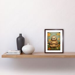 "Artery8 Wall Art Print Smiling Sloth Meditating in Forest Flowers Kids Bedroom Artwork Framed 9X7 Inch in Brown - Size: W7"" x H9""" - thumbnail 2