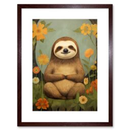 "Artery8 Wall Art Print Smiling Sloth Meditating in Forest Flowers Kids Bedroom Artwork Framed 9X7 Inch in Brown - Size: W7"" x H9""" - thumbnail 1