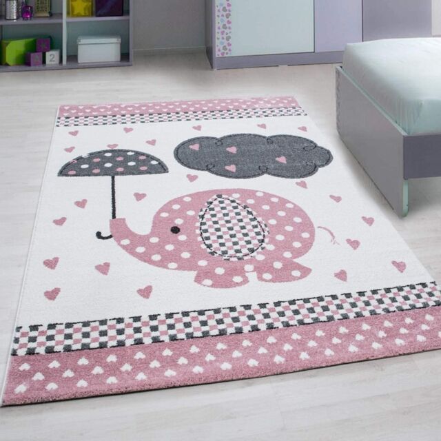 Bravich LTD Pink Elephant & Hearts Kids Rug Soft Pile Nursery Playroom Bedroom Rug - Size: 120 cm x 170 cm - image 1