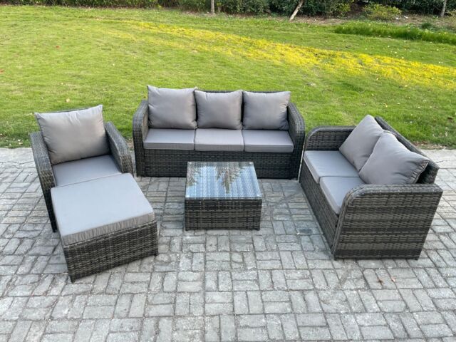 Fimous Rattan Garden Furniture 5 Piece Patio Set With Table Sofa Square Coffee Table Reclining Chair Loveseat sofa Big Footstool in Dark Grey - image 1