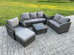 Fimous Rattan Garden Furniture 5 Piece Patio Set With Table Sofa Square Coffee Table Reclining Chair Loveseat sofa Big Footstool in Dark Grey - thumbnail 2