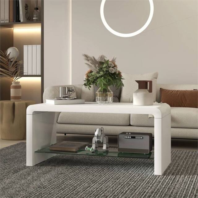 EONLION High Gloss Coffee Table with Glass Shelf in White - Size: 100 cm x 100 cm - image 1
