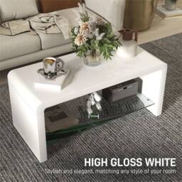 EONLION High Gloss Coffee Table with Glass Shelf in White - Size: 100 cm x 100 cm - thumbnail 3
