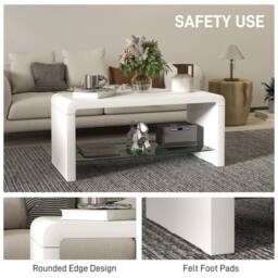 EONLION High Gloss Coffee Table with Glass Shelf in White - Size: 100 cm x 100 cm - thumbnail 5