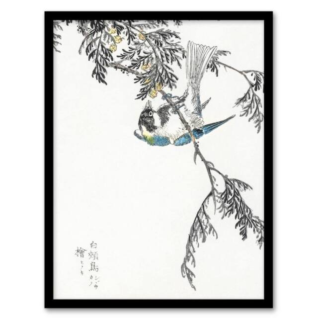 Artery8 Great Tit & Cypress Japanese Japanese Framed Wall Art Print Kashu - Size: A4 - image 1
