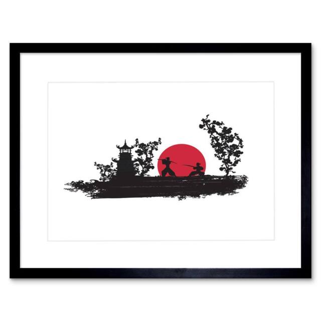 "Artery8 Painting Samurai Combat Fight Rising Sun Japan 12x16"" Framed Art Print in Red - Size: W12"" x H16""" - image 1
