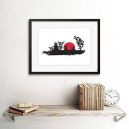 "Artery8 Painting Samurai Combat Fight Rising Sun Japan 12x16"" Framed Art Print in Red - Size: W12"" x H16""" - thumbnail 2