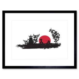 "Artery8 Painting Samurai Combat Fight Rising Sun Japan 12x16"" Framed Art Print in Red - Size: W12"" x H16""" - thumbnail 1