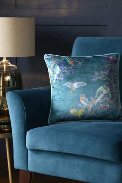 Laurence Llewelyn-Bowen 'Birdity Absurdity' Soft Touch Velvet Filled Cushion in Blue - Size: 43 cm x 43 cm - image 1