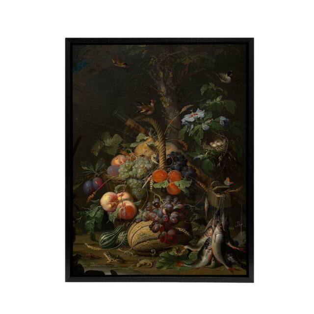 "Artery8 Still Life with Fruit Fish & a Nest Mignon Black Framed Canvas Art - Size: W12"" x H16""" - image 1