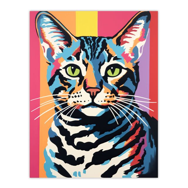 Artery8 Wall Art Print Retro Cat Striped Bold Vibrant Screen Risograph Artwork Spot Block Colour Duotone Bengal Riso Interior Design Poster - image 1