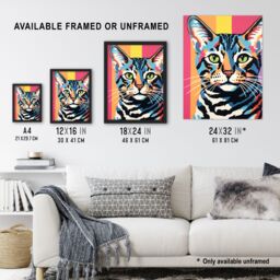 Artery8 Wall Art Print Retro Cat Striped Bold Vibrant Screen Risograph Artwork Spot Block Colour Duotone Bengal Riso Interior Design Poster - thumbnail 3