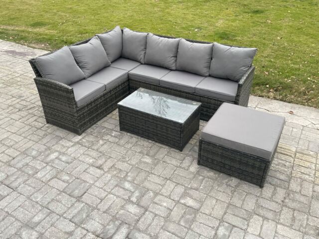 Fimous 7 Seater Rattan Lounge Corner Sofa Set Wicker PE Outdoor Garden Furniture Set with Coffee Table Big Footstool in Dark Grey - image 1