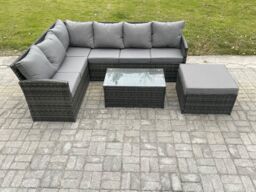 Fimous 7 Seater Rattan Lounge Corner Sofa Set Wicker PE Outdoor Garden Furniture Set with Coffee Table Big Footstool in Dark Grey - thumbnail 2