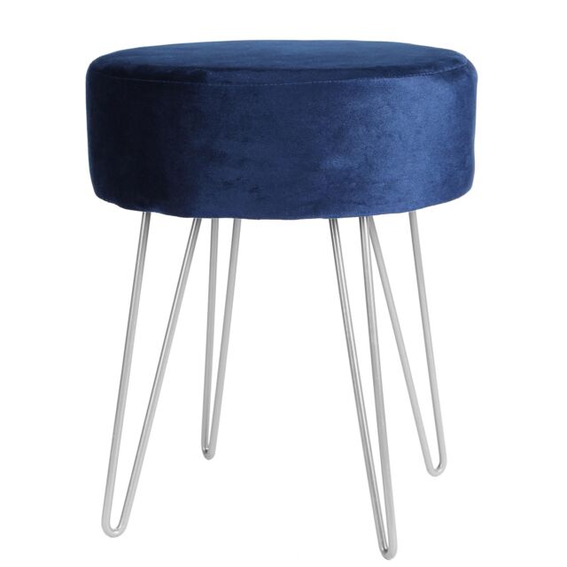 Harbour Housewares Round Velvet Footstool - H40 x D35cm - Silver Legs in Blue - image 1