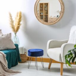 Harbour Housewares Round Velvet Footstool - H40 x D35cm - Silver Legs in Blue - thumbnail 7
