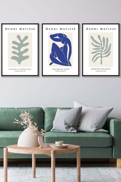 ARTZE Set of 3 Black Framed Matisse Botanical Shapes with Nude in Green & Blue Wall Art in Light Green - Size: W33 cm x H45 cm x D20mm - image 1