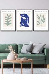 ARTZE Set of 3 Black Framed Matisse Botanical Shapes with Nude in Green & Blue Wall Art in Light Green - Size: W33 cm x H45 cm x D20mm - thumbnail 1