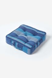 Homescapes Morocco Striped Cotton Floor Cushion in Blue - Size: 40 cm x 40 cm