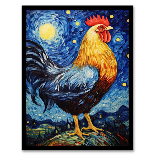 Artery8 Waiting For The Dawn Rooster Cockerel In Van Gogh Starry Night Style Art Print Framed Poster Wall Decor in Black - Size: A4 - image 1