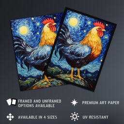 Artery8 Waiting For The Dawn Rooster Cockerel In Van Gogh Starry Night Style Art Print Framed Poster Wall Decor in Black - Size: A4 - thumbnail 2