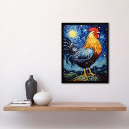 Artery8 Waiting For The Dawn Rooster Cockerel In Van Gogh Starry Night Style Art Print Framed Poster Wall Decor in Black - Size: A4 - thumbnail 4
